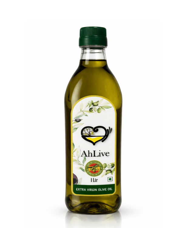 AhLive-Extra-Virgin-Olive-Oil-1L-Front AhLive Premium Spanish Extra Virgin Olive Oil 1 Liter bottle with a white floral heart label and green cap.