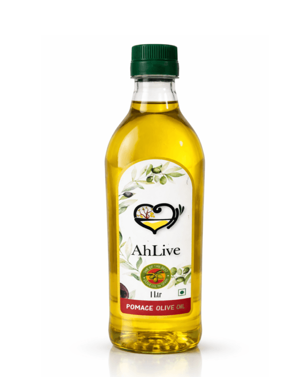 AhLive Olive Pomace Oil for Cooking AhLive Olive Pomace Oil for Cooking in a 1 Liter clear glass bottle with a floral heart logo and red label.
