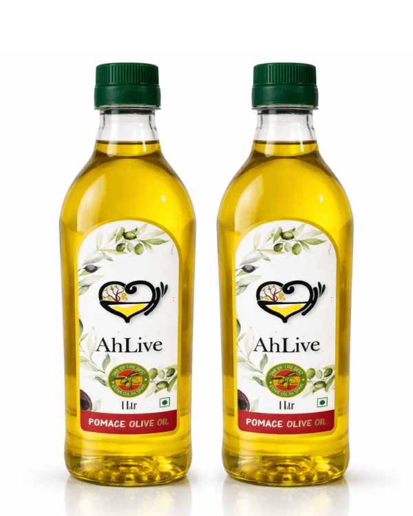 AhLive Pomace Olive Oil Twin Pack, 2 x 1L bottles of high smoke point Spanish olive oil for roasting and frying.