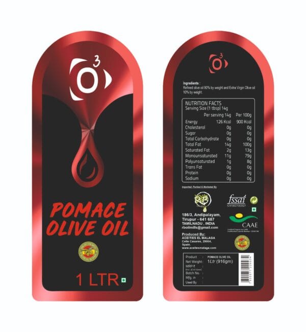 Detailed nutritional facts and back label for O3 Pomace Olive Oil showing Spanish origin.