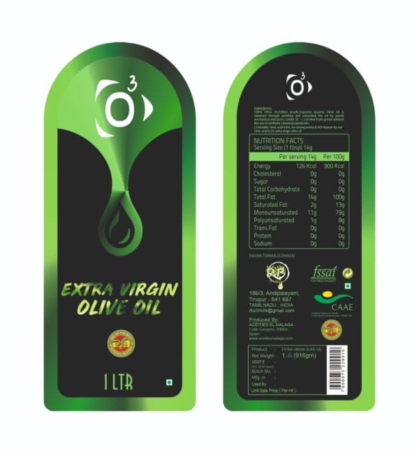 Detailed back label for O3 Extra Virgin Olive Oil showing nutritional facts and first cold-pressed information.