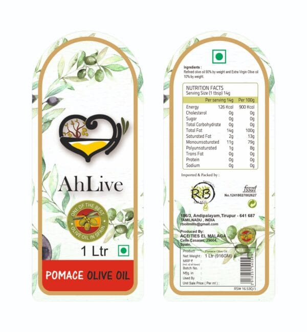 AhLive-Pomace-Olive-Oil-1L-Nutrition-Label Nutritional facts and back label scan for AhLive Pomace Olive Oil showing Spanish origin and FSSAI details.