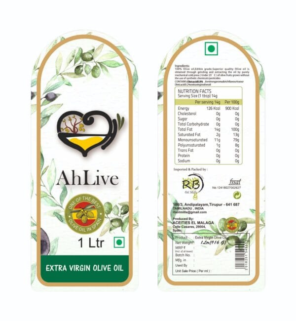AhLive-Extra-Virgin-Olive-Oil-Nutrition-Label Back label for AhLive Extra Virgin Olive Oil showing nutritional facts and first cold-pressed production details.