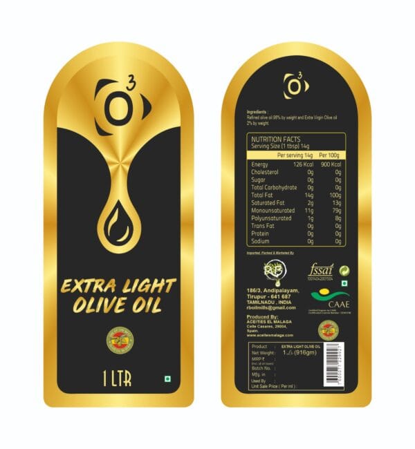 Detailed nutritional facts and back label for O3 Extra Light Olive Oil showing Spanish origin.
