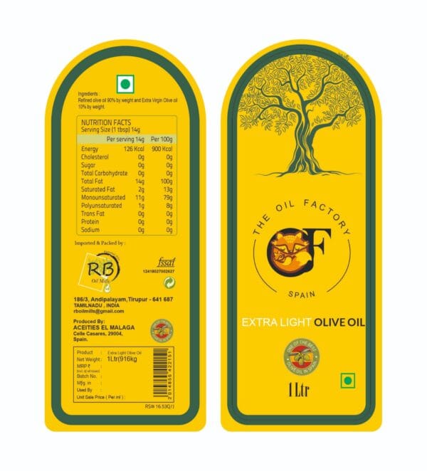 Back label for The Oil Factory (TOF) Extra Light Olive Oil showing nutritional facts and Spanish origin.