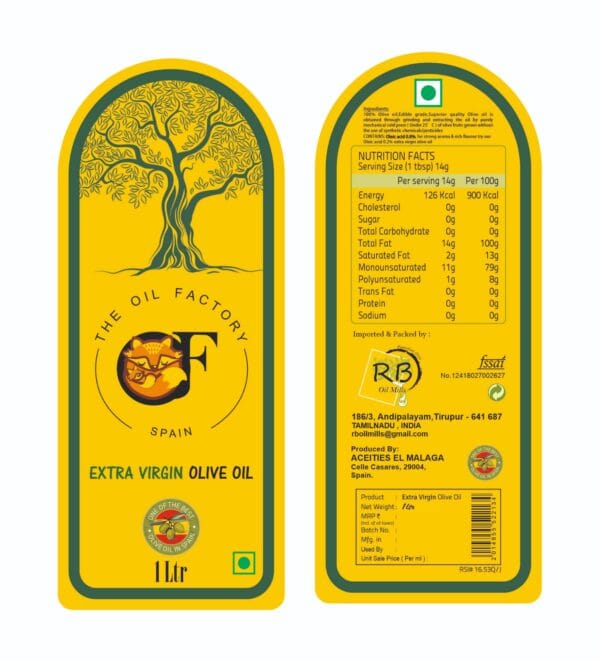 The-Oil-Factory-Extra-Virgin-Olive-Oil-Nutrition-Label Back label for The Oil Factory (TOF) Extra Virgin Olive Oil showing nutritional facts and first cold-pressed details.
