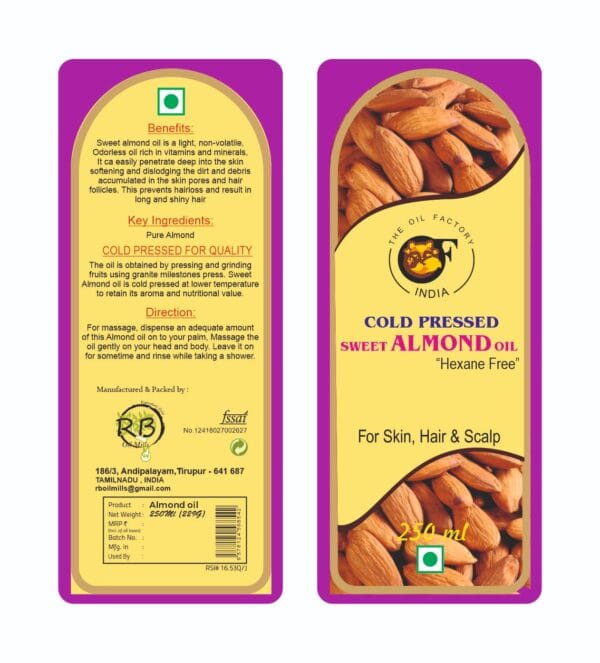 cold-pressed-sweet-almond-oil-hexane-free-label Cold Pressed Sweet Almond Oil 250ml label by RB Oil Mills, hexane-free and natural for skin, hair, and scalp care.