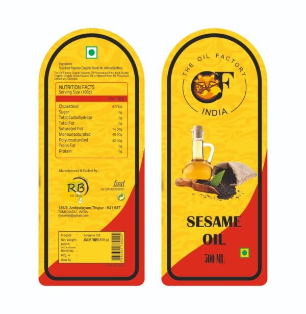 Detailed back label of The Oil Factory Sesame Oil showing nutrition facts, FSSAI license, and manufacturing by RB Oil Mills.