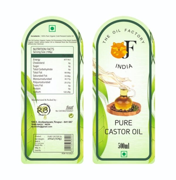 Back label of The Oil Factory Castor Oil showing usage instructions, manufacturing details in Tirupur, and FSSAI logo.