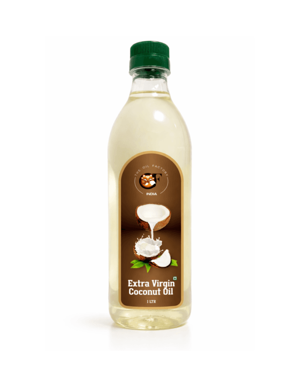 The-Oil-Factory-Extra-Virgin-Coconut-Oil-500ml-Front The Oil Factory (TOF) 100% Pure Extra Virgin Coconut Oil in a 500ml clear bottle with a premium yellow and green tree logo.