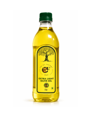 The Oil Factory (TOF) Extra Light Olive Oil in a 1 Liter clear bottle with a yellow and green label featuring a tree logo.