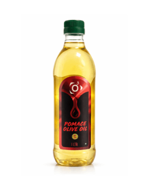 O3 Pomace Olive Oil in a 1 liter clear bottle with a premium green and gold label.