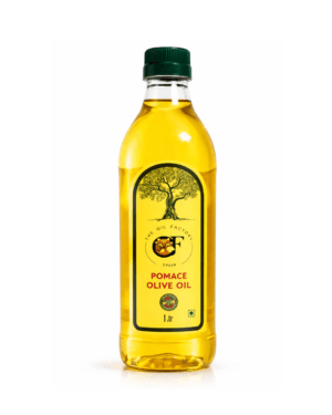 The Oil Factory (TOF) Pomace Olive Oil in a 1 Liter clear bottle with a premium yellow label featuring a tree logo.