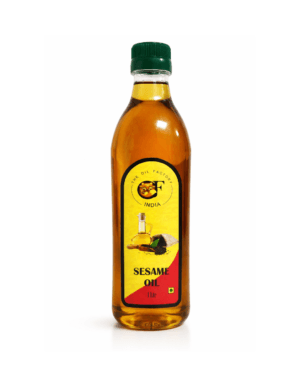 The-Oil-Factory-Cold-Pressed-Sesame-Oil-Gingelly The Oil Factory (TOF) organic cold pressed Sesame Oil in a clear bottle with a premium yellow and green tree logo label.