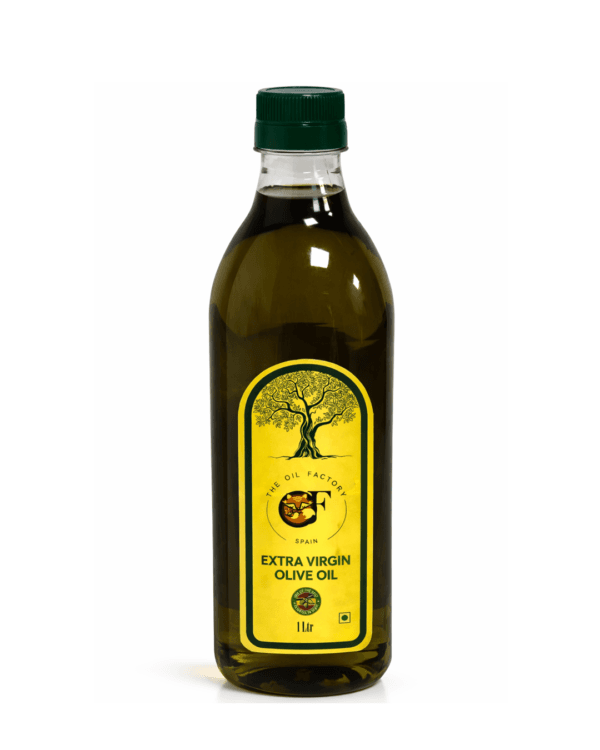 The-Oil-Factory-Extra-Virgin-Olive-Oil-1L-Front The Oil Factory (TOF) Extra Virgin Olive Oil 1 Liter bottle with a yellow and green tree logo label.