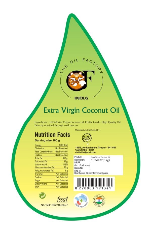 extra-virgin-coconut-oil-nutrition-label-back Nutrition facts and ingredients for Extra Virgin Coconut Oil, 100% natural with high Lauric Acid and FSSAI certification.