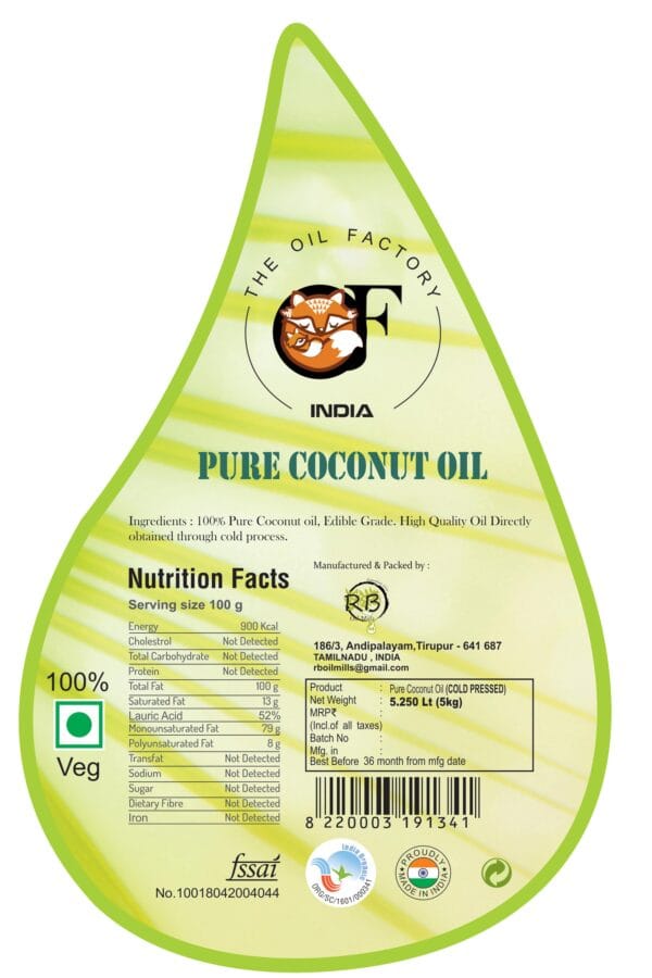 pure-coconut-oil-nutrition-facts-label-rb-oil-mills Nutrition facts and ingredients label for RB Oil Mills Pure Coconut Oil, showing 100% natural fat content and FSSAI certification.