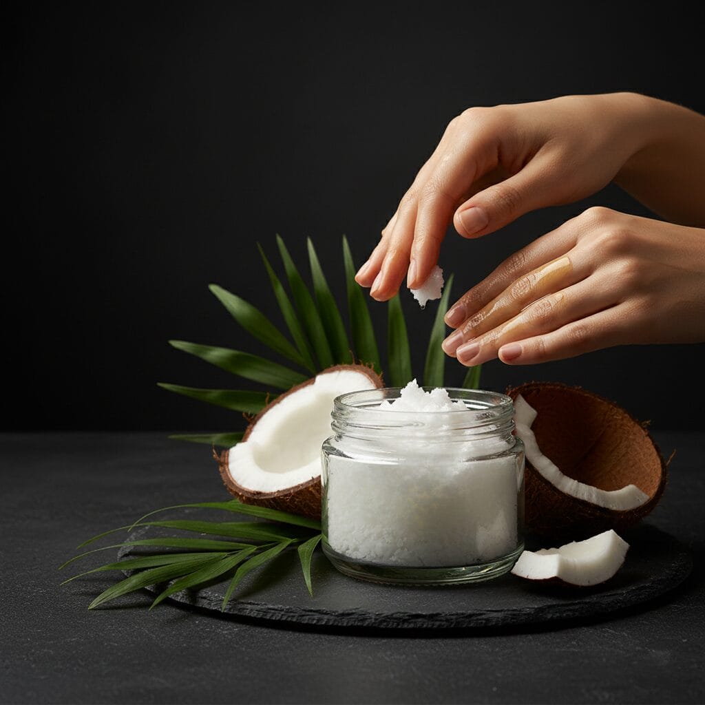 Woman applying natural coconut oil from a glass jar for skincare wellness.