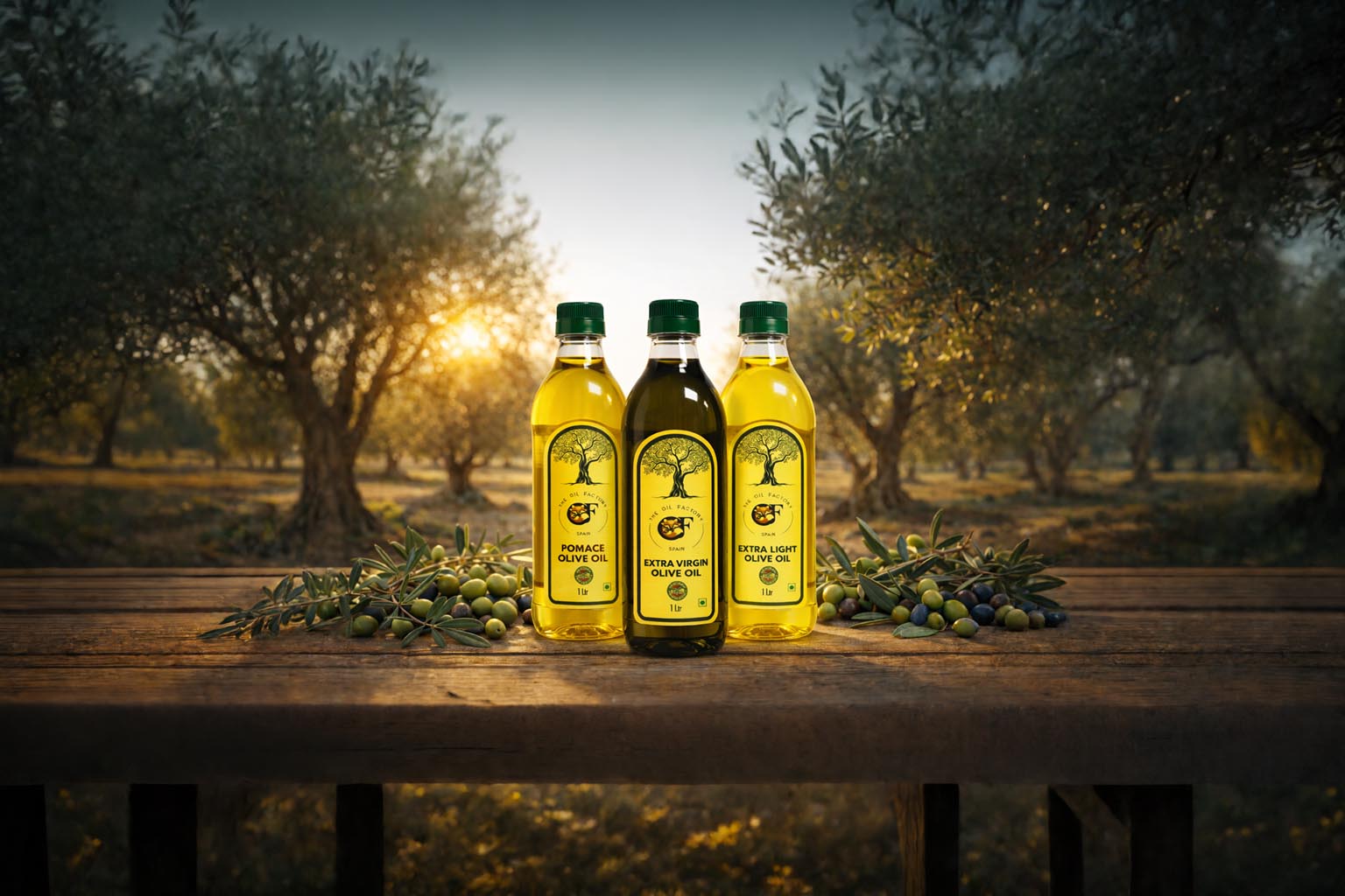 Three premium 1L bottles of Pure Spanish Olive oil (Extra Virgin, Pomace, and Extra Light) in a sunny Mediterranean olive grove setting.